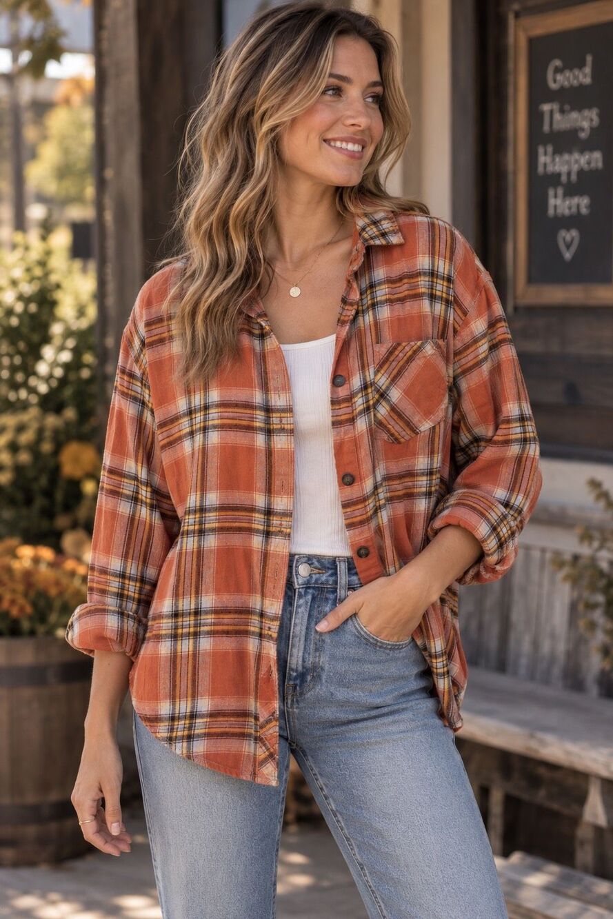 Maurices Rust Orange Plaid Oversized Flannel Button Down Shirt Size XXL